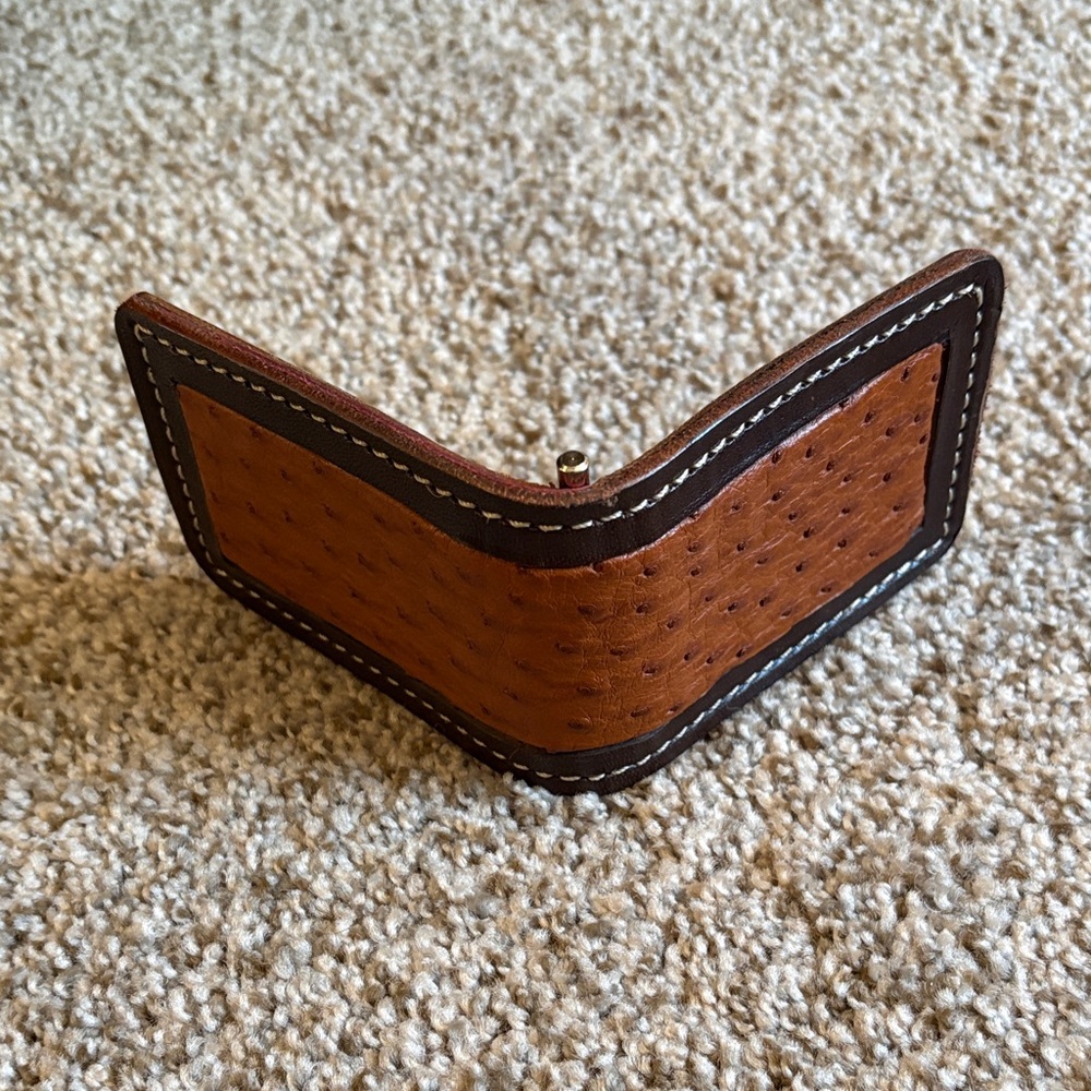 Men's Brown Leather & Ostrich Skin Bifold Wallet Money Clip Contrast Stitching